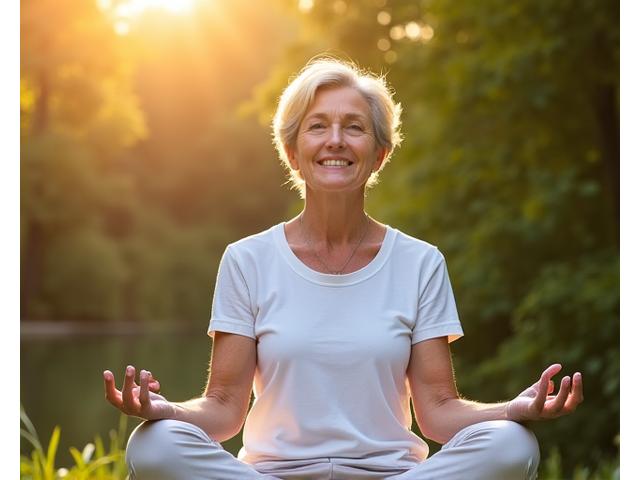 An elegant, mature woman practicing meditation outdoors in a serene, natural environment.